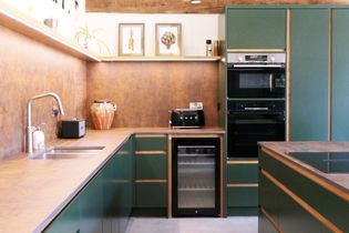A modern kitchen featuring green cabinets, a wooden countertop, and stainless steel appliances, including an oven, toaster, and a wine cooler. There are framed pictures on the wall and some decorative plants.