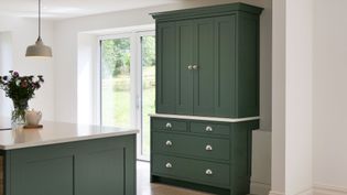 Shaker kitchen with large green dresser with bifold doors, island with vase of flowers, pendant light, and glass doors leading to a garden. Bright and airy ambiance.
