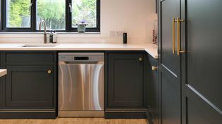 Sleek shaker style kitchen with dark cabinetry, gold handles, and stainless steel dishwasher under white countertop. Bright window view adds freshness.