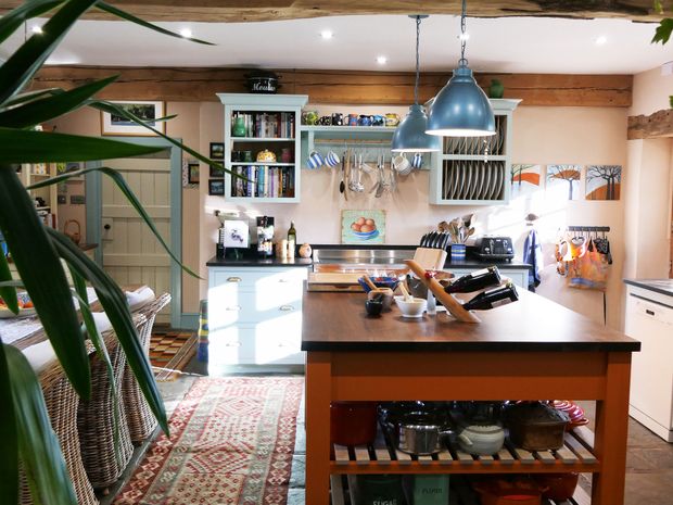 Rustic, warmly lit kitchen with blue Shaker cabinetry, exposed wood beams, a central island, hanging pendant lights, and a large plant in the foreground.