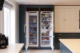 Open shaker kitchen with a double-door refrigerator. Left side is a freezer filled with frozen items; right side is a fridge with various food and drinks, bright and organized.