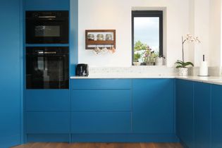Modern kitchen with sleek blue cabinets, a double black oven, and a speckled countertop. A window displays plants and an outdoor view.