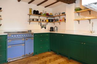 A cosy kitchen with green cabinets, a light blue stove, and wooden shelves displaying colourful dishes and cookware. A warm, inviting atmosphere.