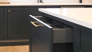 Shaker kitchen with dark grey cabinets, one drawer pulled out showing a sleek built-in trash compartment. Light wood floor adds warmth.