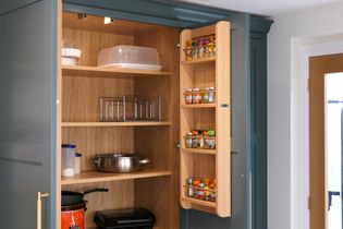 Open kitchen pantry with teal doors showcasing a well-organized interior. Shelves hold pots, a cake carrier, and spices on the door. Modern and tidy.