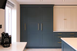 Elegant kitchen cabinetry with a teal finish and brass handles. A blend of sophistication and modernity, exuding a sleek, stylish ambiance.