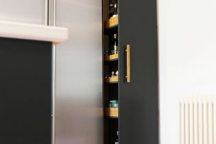 Pull out cabinet next to the fridge-freezer with condiments in