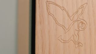 A carved wooden panel featuring an owl design.
