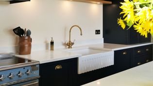 Shaker kitchen with black cabinets and brass handles, a white farmhouse sink, gold faucet, and a stainless steel stove. Bright yellow flowers add color.
