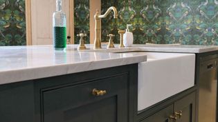 A shaker kitchen with gold taps, and a farmhouse sink. A green bottle and soap dispenser sit on the counter. The background features a vibrant, nature-themed wallpaper, adding an elegant touch.