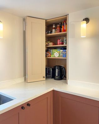 A kitchen cabinet with a partially open door showing shelves stocked with various food items and a kettle on the counter.