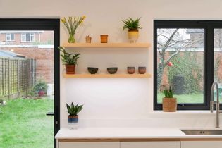 Minimalist kitchen with white walls, wooden shelves holding plants and bowls, window view of green yard, and grey sink. Bright and tidy atmosphere.