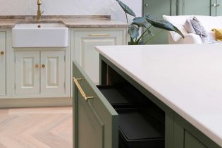 Shaker kitchen with green cabinets, open drawer revealing bins, farmhouse sink with brass faucet, and greenery. Bright and organized atmosphere.