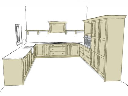 Design sketch of a U-shaped kitchen layout