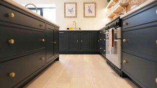 Shaker kitchen with dark grey cabinets and brass handles, light wood flooring, and stainless steel appliances. Art decor and shelves add warmth.