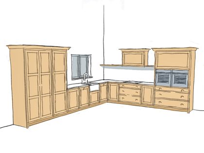 Design sketch of an L-shaped kitchen layout